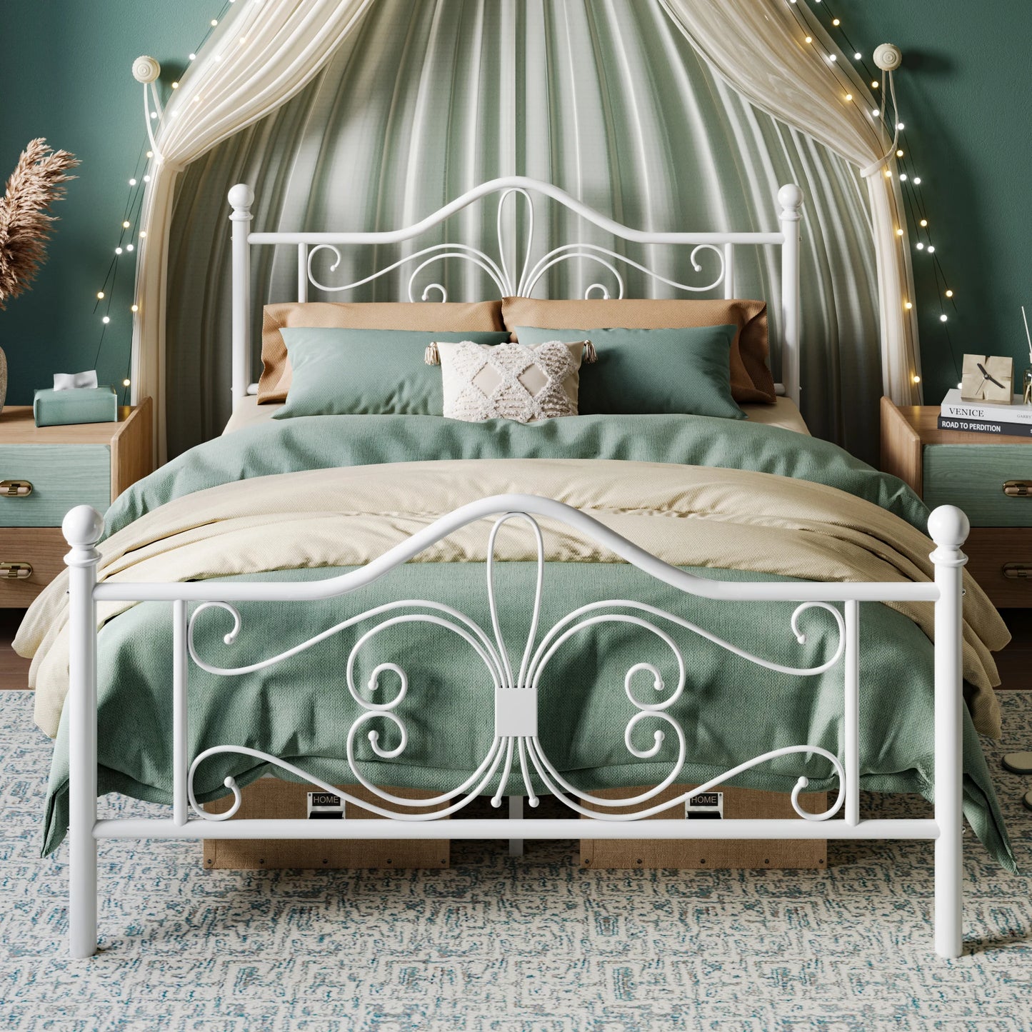 HOOMIC Platform Bed Frame for Kids, Metal Bed Frame with Butterfly Pattern Design Headboard & Footboard Alleiwe