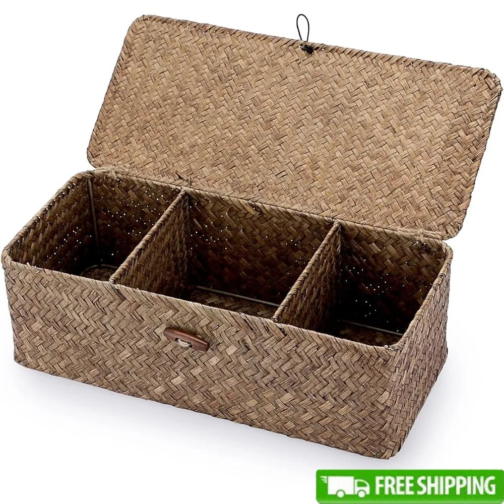 Handwoven Seagrass Storage Basket with Lid 3 Compartments Organizer Bathroom Kitchen Office Living Room Shelves Countertop