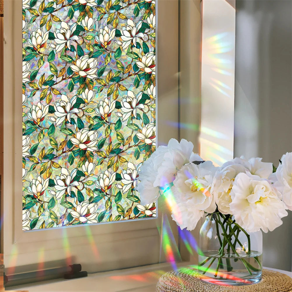 Static Cling Decor Window Film, Vivid Plant Flower Stained Glass Window Decals Sticker Sunscreen Window Clings For Room Kitchen