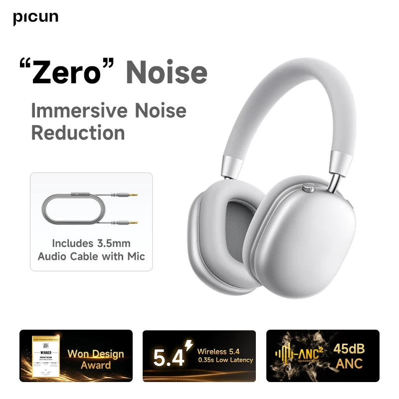 Picun F5 ANC Wireless Bluetooth 5.3 Headphones Hi-Res Audio Over Ear Headset 25dB Adaptive Noise Cancellation Earphones 50H