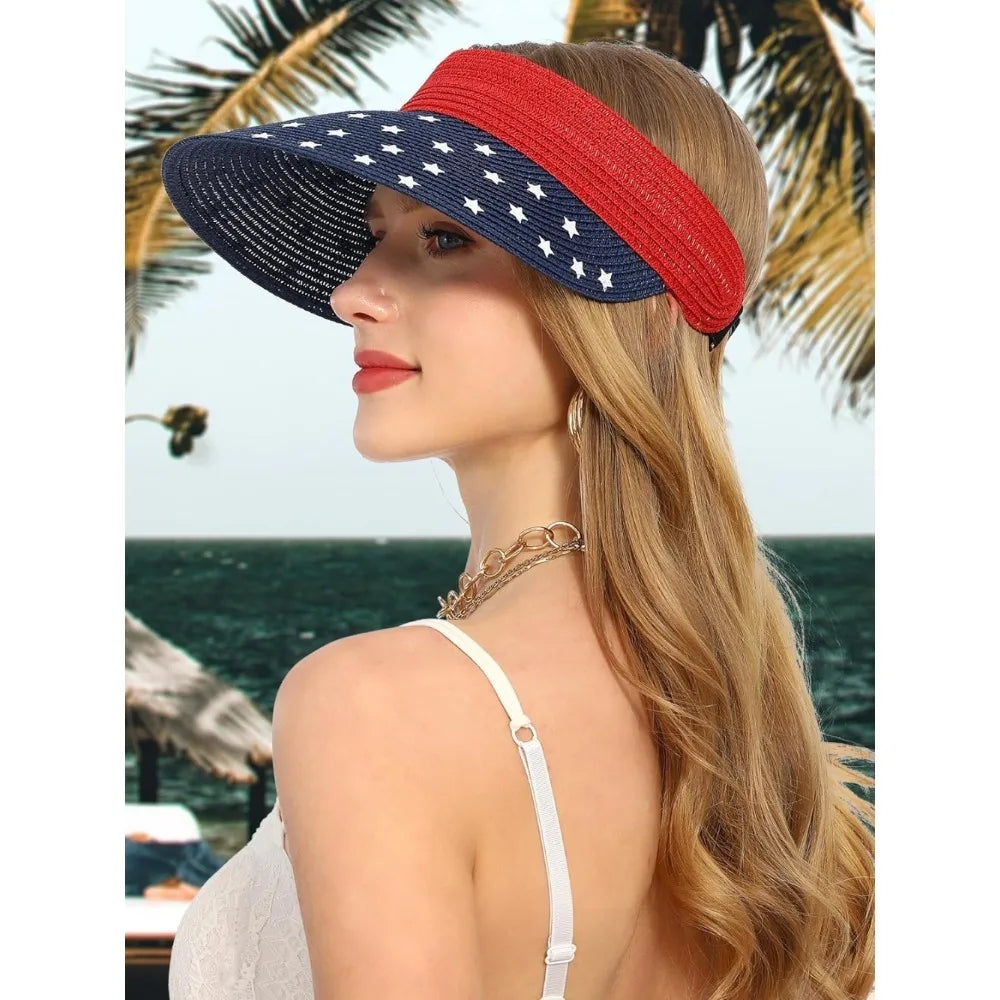 Womens Sun Hat Straw Visor UV Protection Wide Brim Packable Travel Summer Cap for Beach