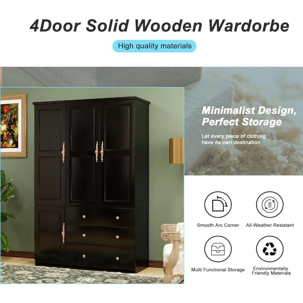 4-Door Solid Wood Armoire - Elegant Wardrobe with 2 Drawers & Dual Hanging Rods