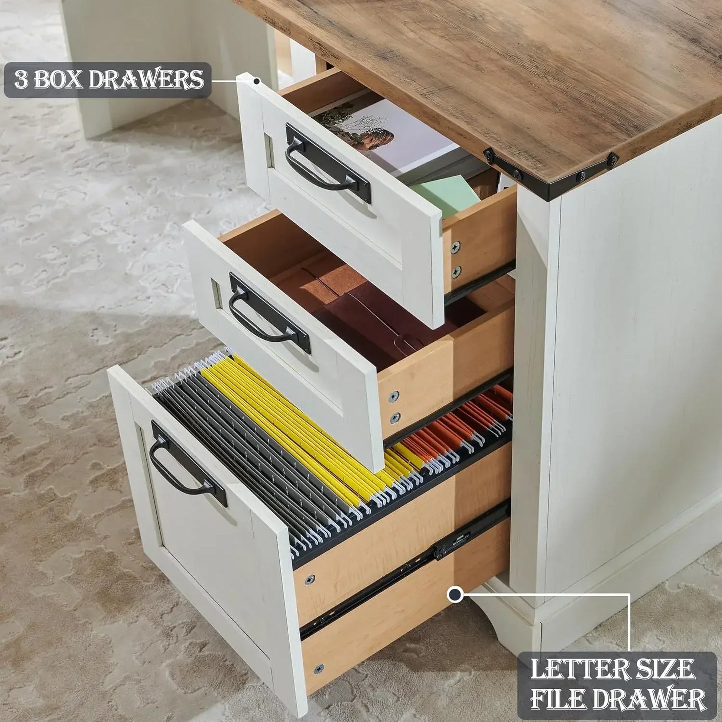 60" Farmhouse L Shaped Executive Desk Wood Home Office Corner Desk File Drawer, Storage Cabinet, Rustic Computer Writing Desk