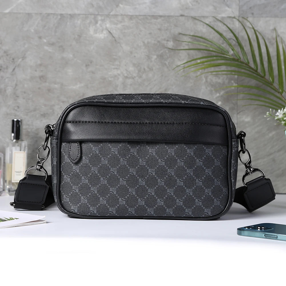 Casual Business Shoulder Bag for Men PU Leather Messenger Bag Wide Strap Crossbody Bags Classic Plaid Designer Male Sling Bags