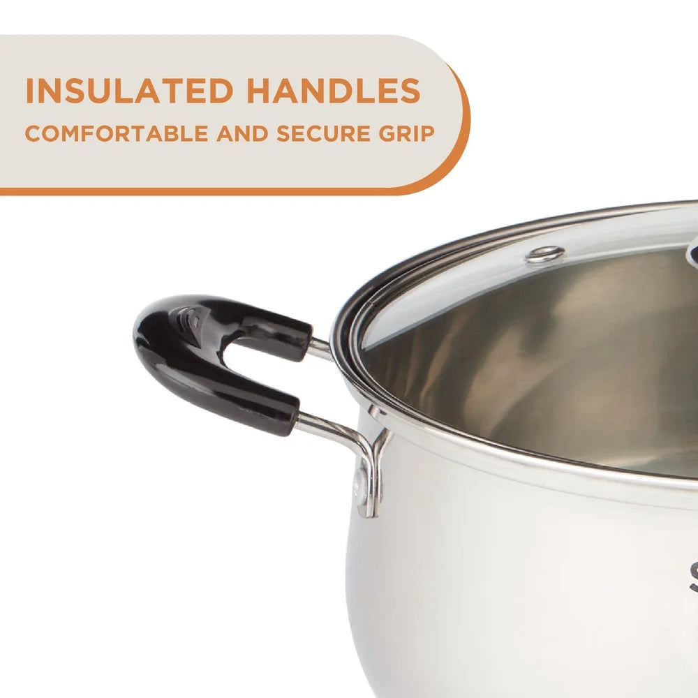 4.3QT Stainless Steel Saucepot with Glass Lid Induction Compatible Durable Construction Insulated Handles Easy Cleaning Ideal