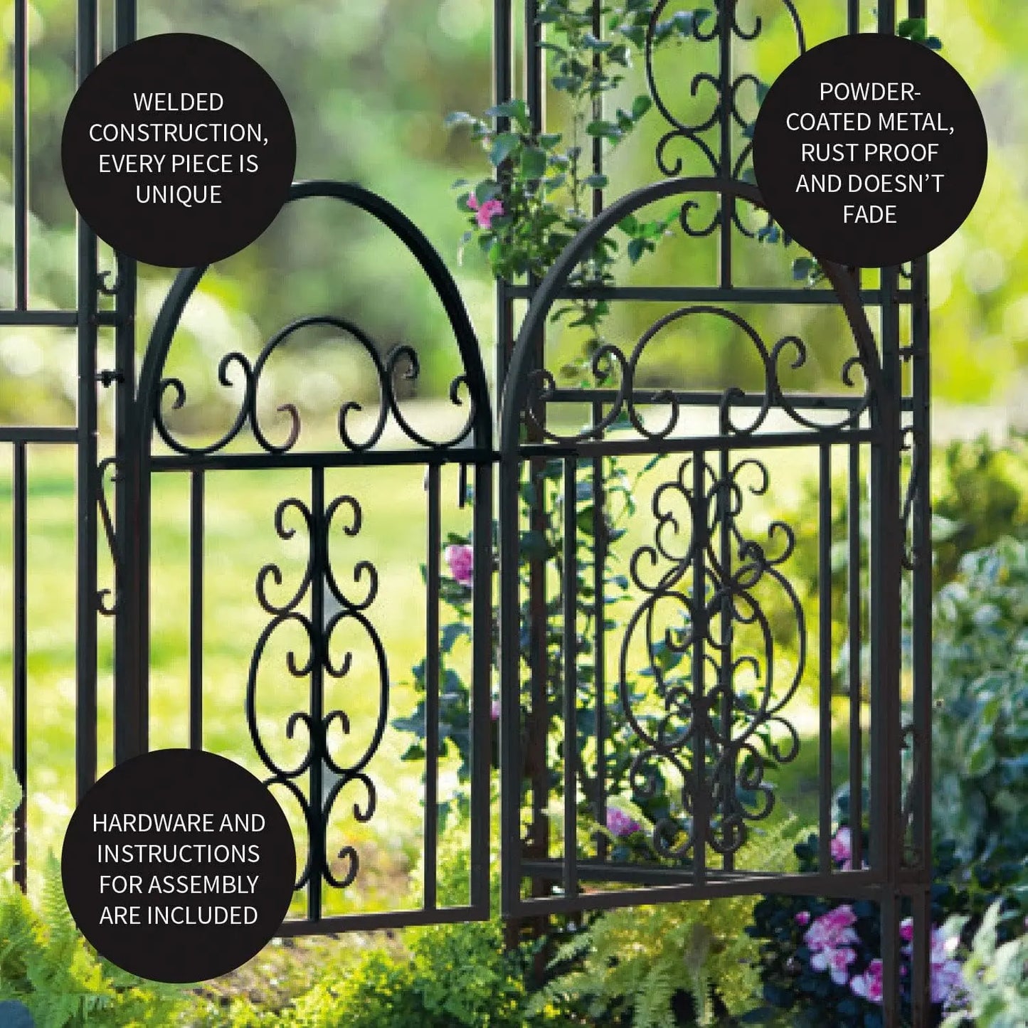 Arch Metal Outdoor Garden Arbor Double Gate,Montebello,7 Feet Tall,Gunmetal Black,Trellis Lattice Climbing Plants