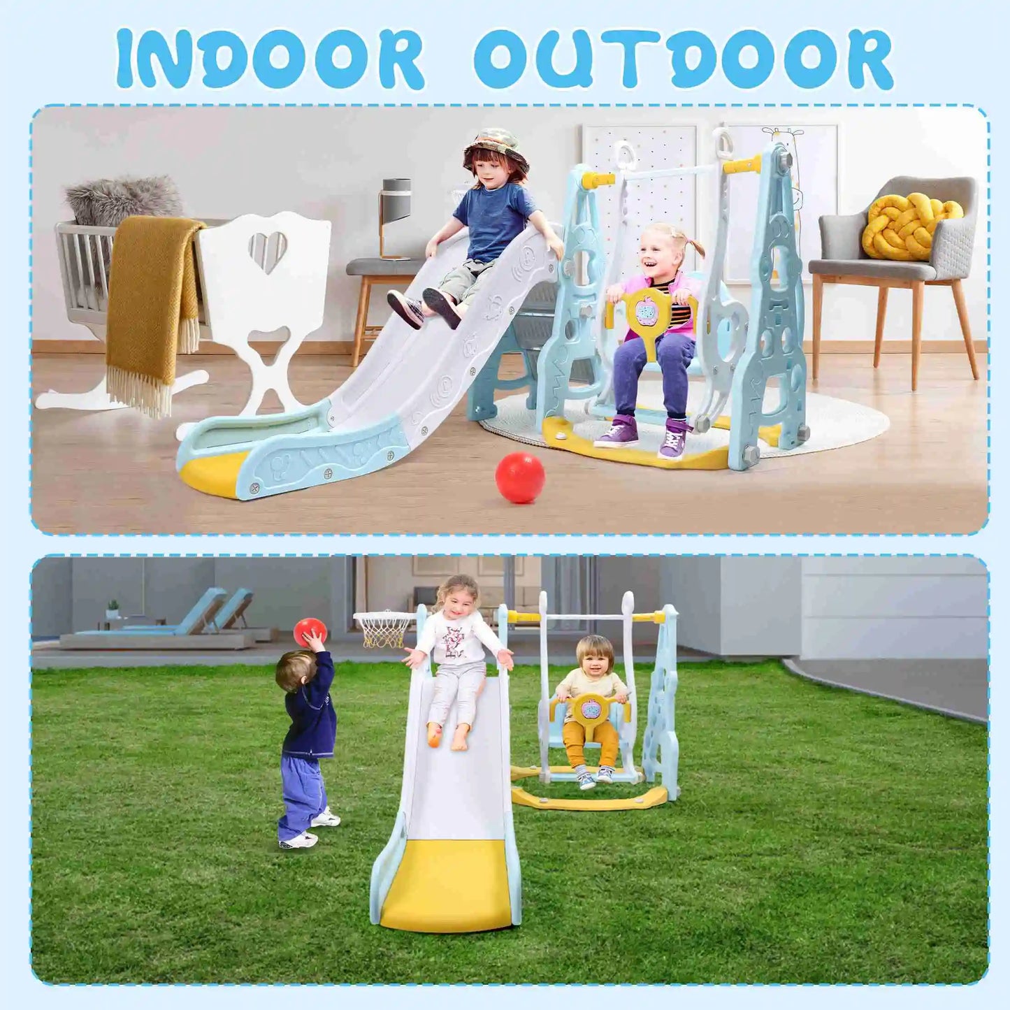 4 In 1 Toddler Playground Set Swing Slide Climber Basketball Hoop Backyard Indoor Playset for Boys and Girls Blue