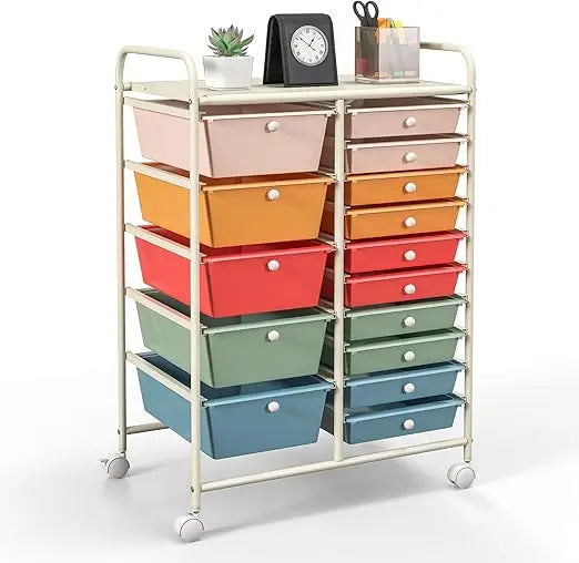 15-Drawer Rolling Storage Cart, Multipurpose Movable Organizer, Utility Cart for Home, Office, School, Macaron Color