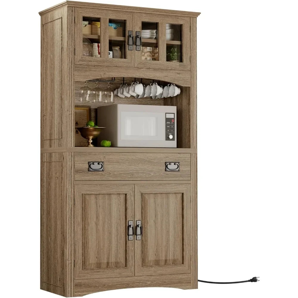 Kitchen Pantry with Power Outlets, Farmhouse Storage Cabinet, Coffee Bar with Glass Doors and Glasses Holder, Large Drawer