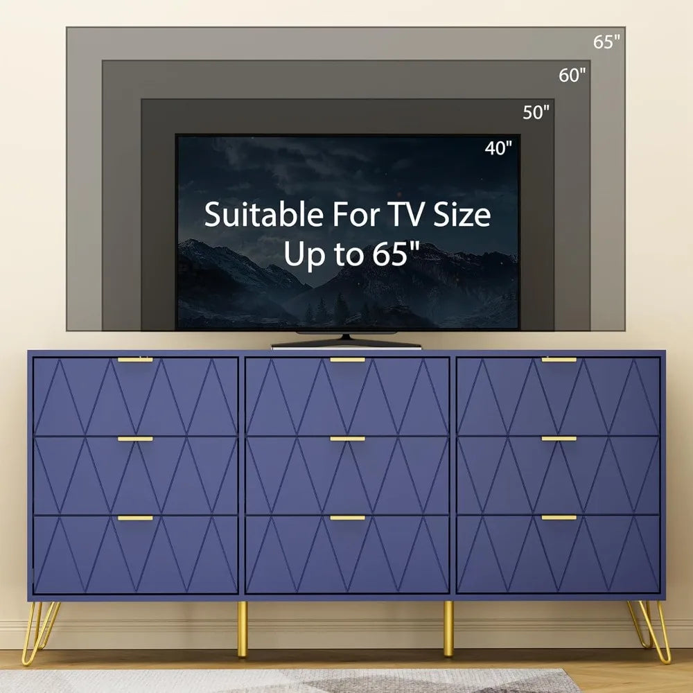9 Drawer Dresser Navy with Gold Handles for Bedroom, Chest of Drawers & Long Dresser with Deep Drawers, Modern Wood Dressers