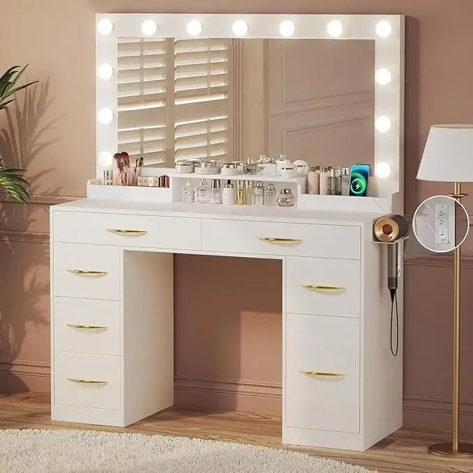 Makeup Vanity Desk with Lights,Desk with Large Mirror, Vanity with Outlets Large Drawers & Storage, 3 Lighting Color