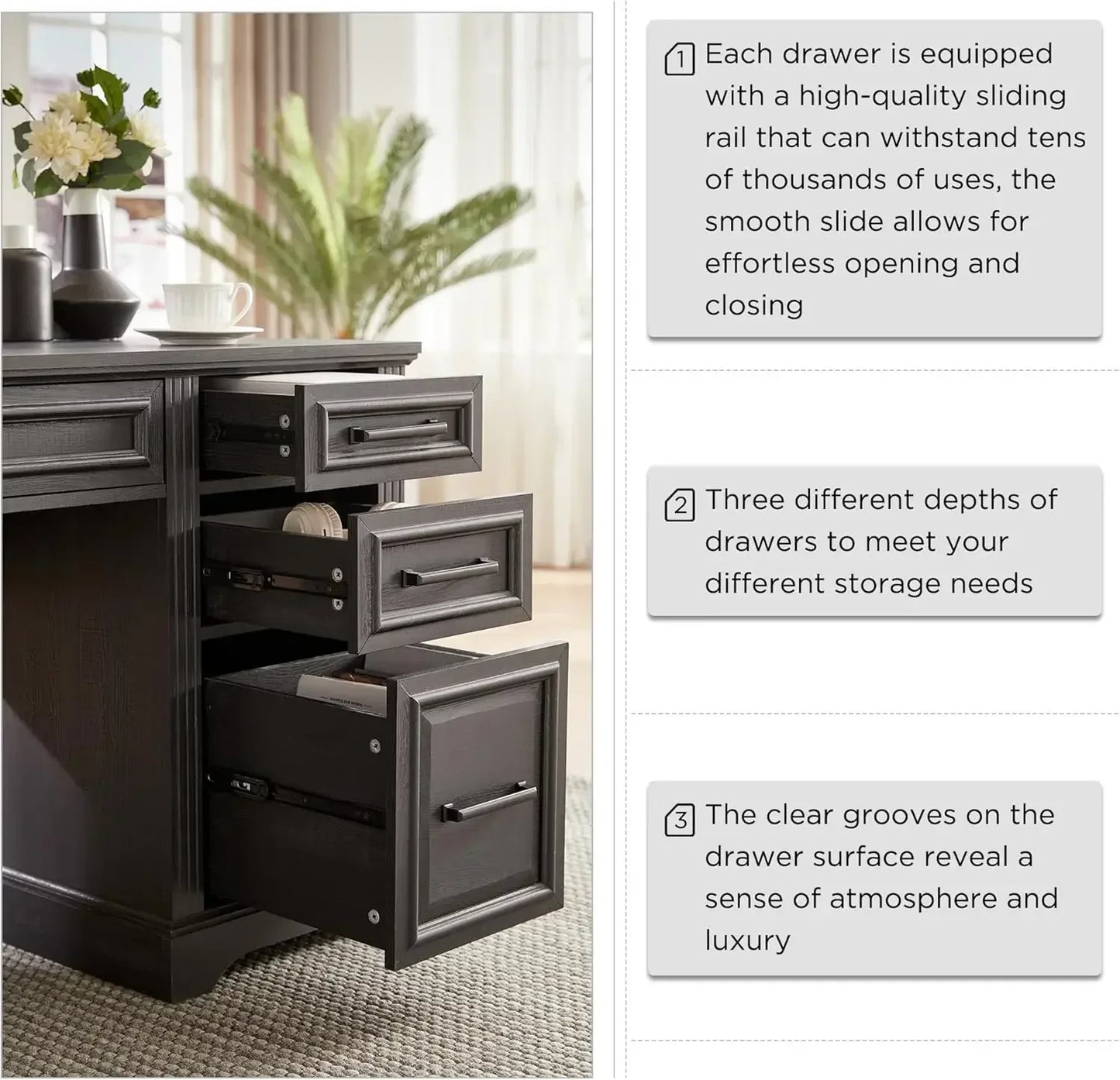 58 Inch Large Computer Desk with Drawers, Embossed Texture Home Office Desk, Workspace for Work Study Writing, Black