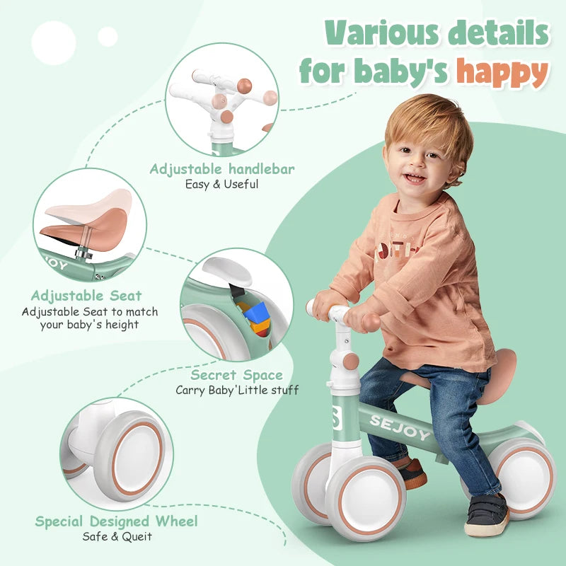 Sejoy Baby Balance Bike, Toddler Baby Bicycle with 4 Wheels for 10-36 Months, Adjustable Handlebar Baby Outdoor Bike Riding Toy