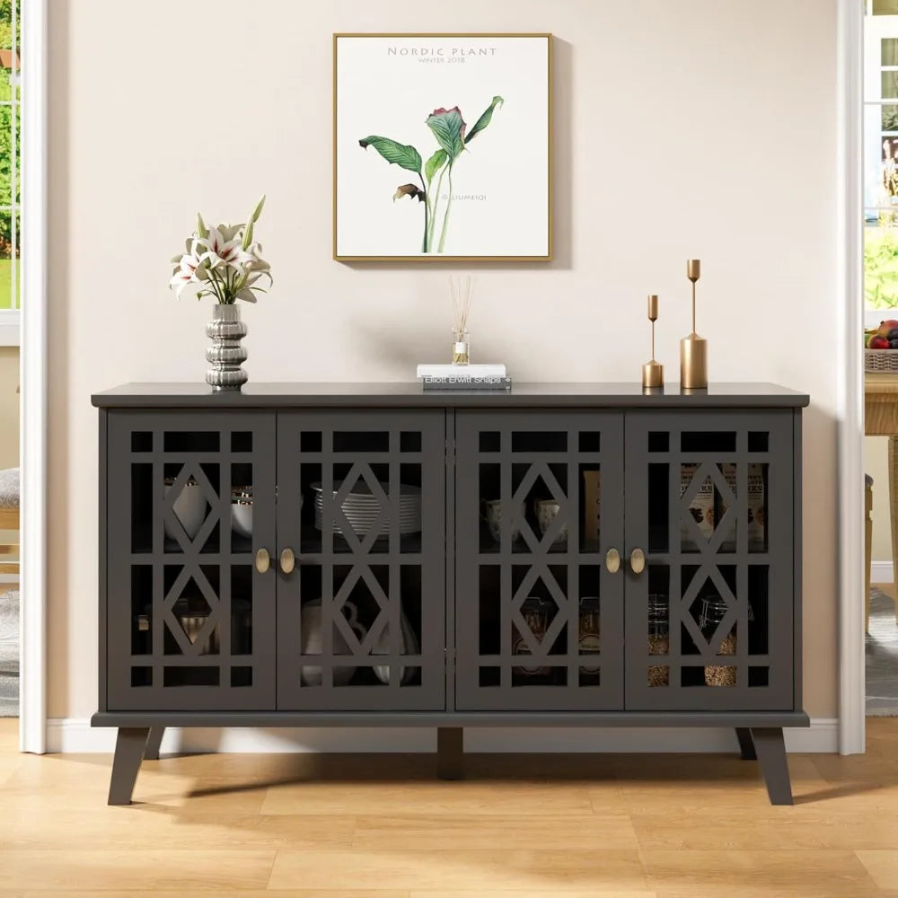 52" Buffet Cabinet with Storage,Sideboard with 4 Doors, Skeletonized Coffee Bar with Storage, Sideboard Cabinet for Dinning Room