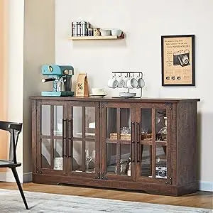 Farmhouse 63" Buffet Sideboard Cabinet with Glass Door, Large Storage Cabinet with Adjustable Shelf, Wooden Coffee Bar Station