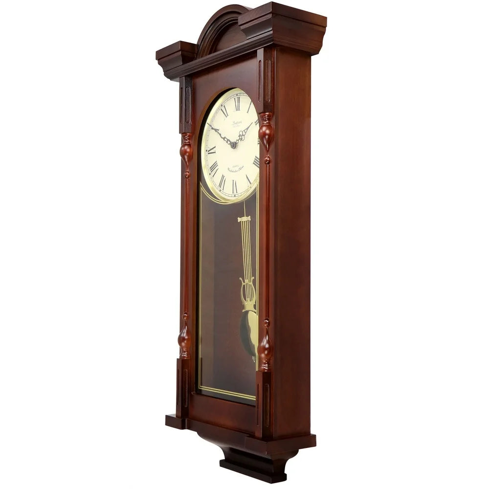 Elegant 31 Inch Analog Chiming Pendulum Wall Clock with Decorative Carved Accents and Harmonic Chimes Home Decor