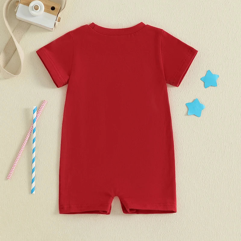 Infant Independence Day Oversized Design with Embroidered Message Round Neck Short Sleeve Baby Outfit for Fourth of July