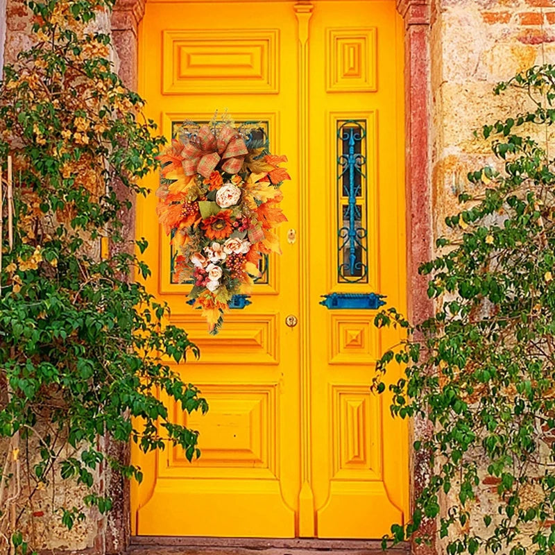 Thanksgiving Door Decorations Fall Wreath Artificial Garland With Peony Berries Maple Sunflower Leaves Harvest Party Pendant