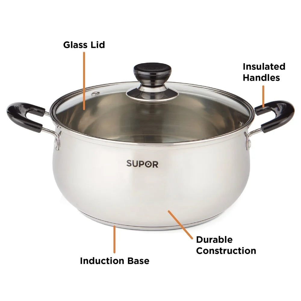 4.3QT Stainless Steel Saucepot with Glass Lid Induction Compatible Durable Construction Insulated Handles Easy Cleaning Ideal