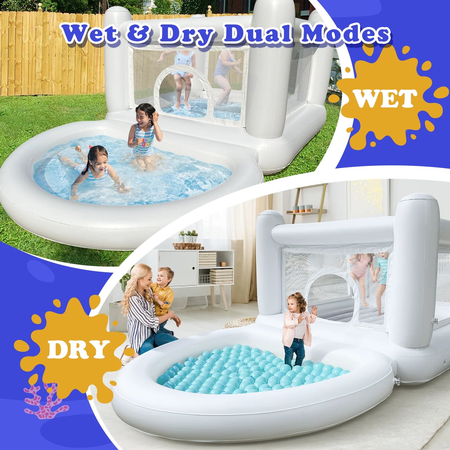 White Bounce House with Pump Kids Ball Pit Bounce House for Kids 3-6 Birthday Indoor or Outdoor Playhouse Customization