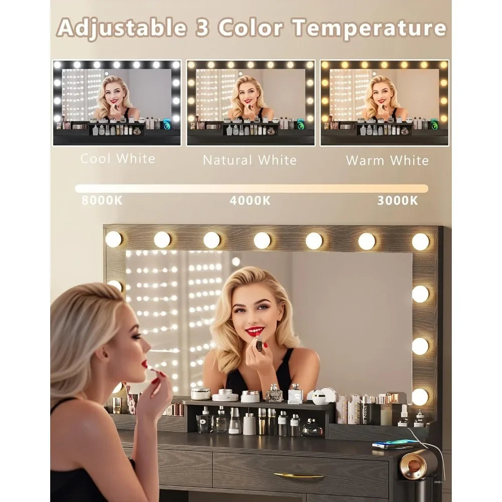 Makeup Vanity Desk with Lights,Desk with Large Mirror, Vanity with Outlets Large Drawers & Storage, 3 Lighting Color