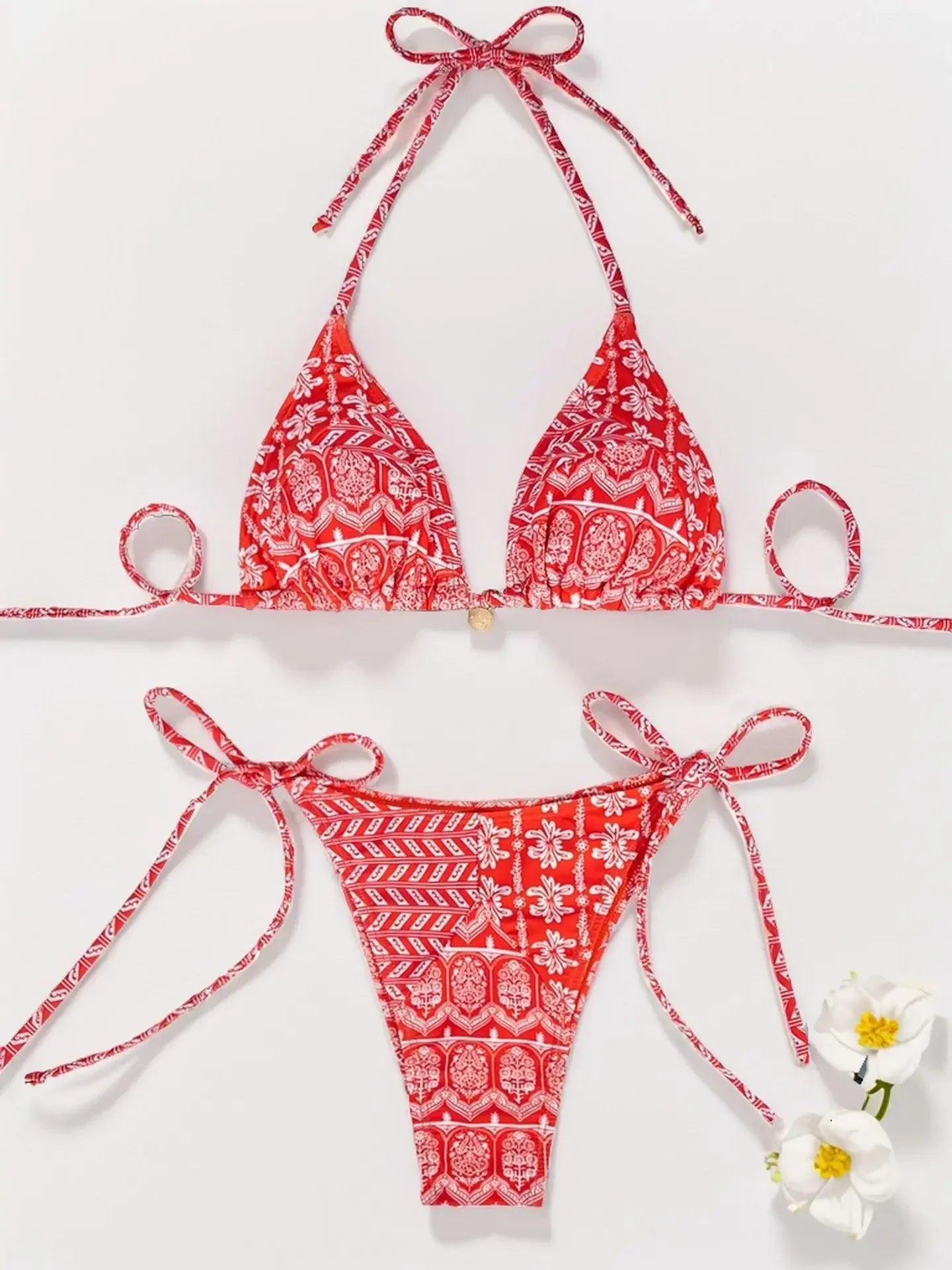 2025 New Summer Swimwear Bikini Set Sexy Print Backless Bikini 2 Piece Set Women Laced Up Split Swimsuit High Waist Beach Bikini