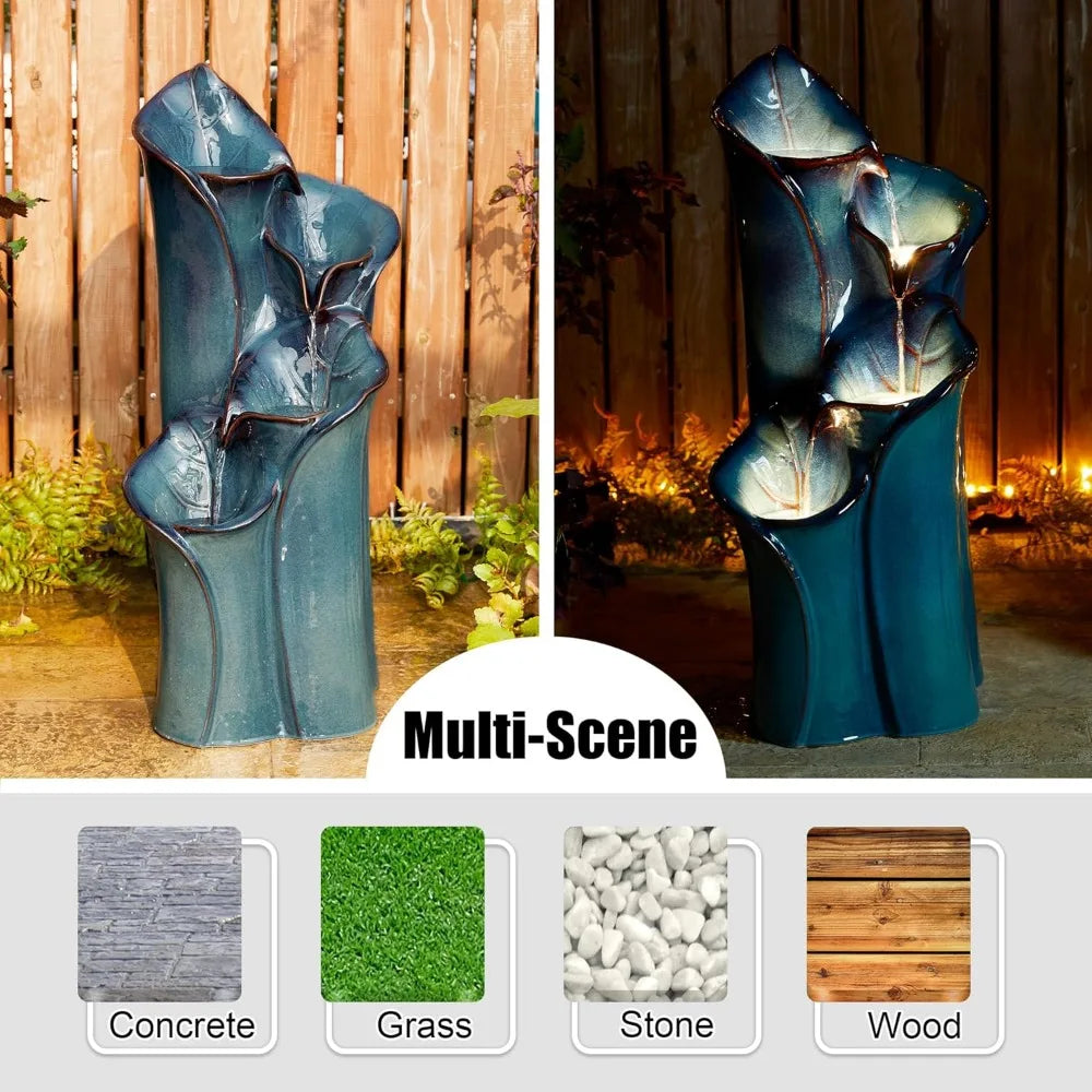 31.25 "H Outdoor Fountain with LED Lights and Water Pump, 4-storey Ceramic Floor Fountain, Waterfall Courtyard Vase Fountain