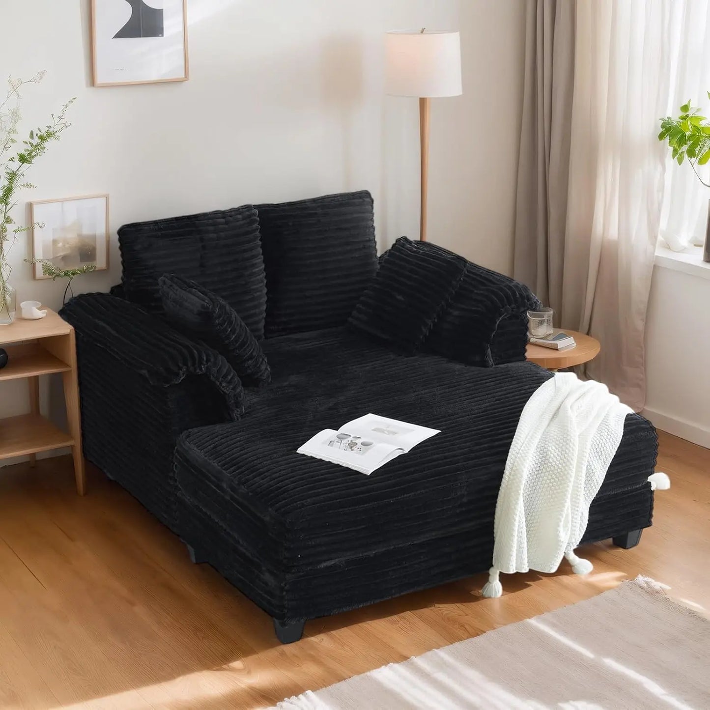 56"Oversized Chaise Lounge Chair,Beige Comfy Corduroy Chaise Sofa Recliner Bed Upholstered Sleeper Couch Bed with Throw Pillows
