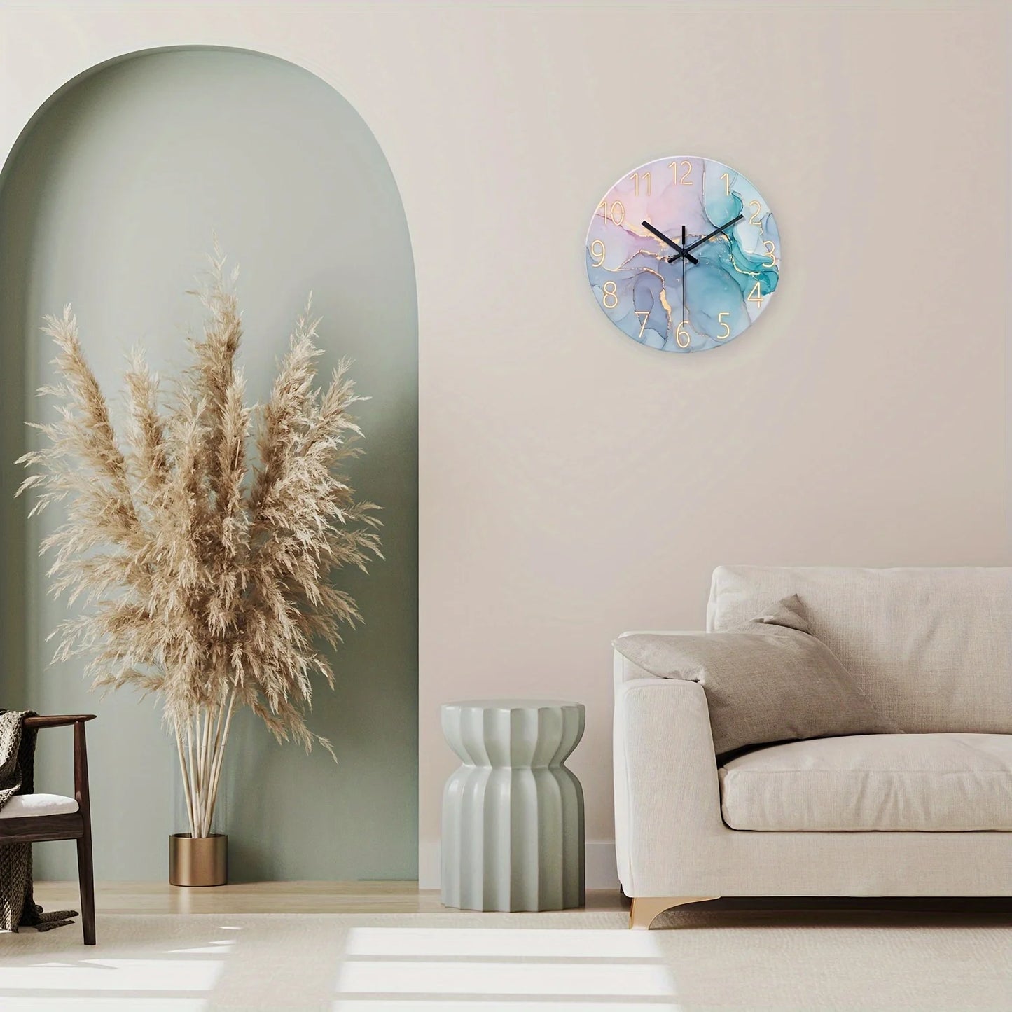 A Minimalist Modern High-End Watercolor Marble Texture Wall Clock with Silent Movement, Featuring 4MM Thick Tempered Glass, Suit