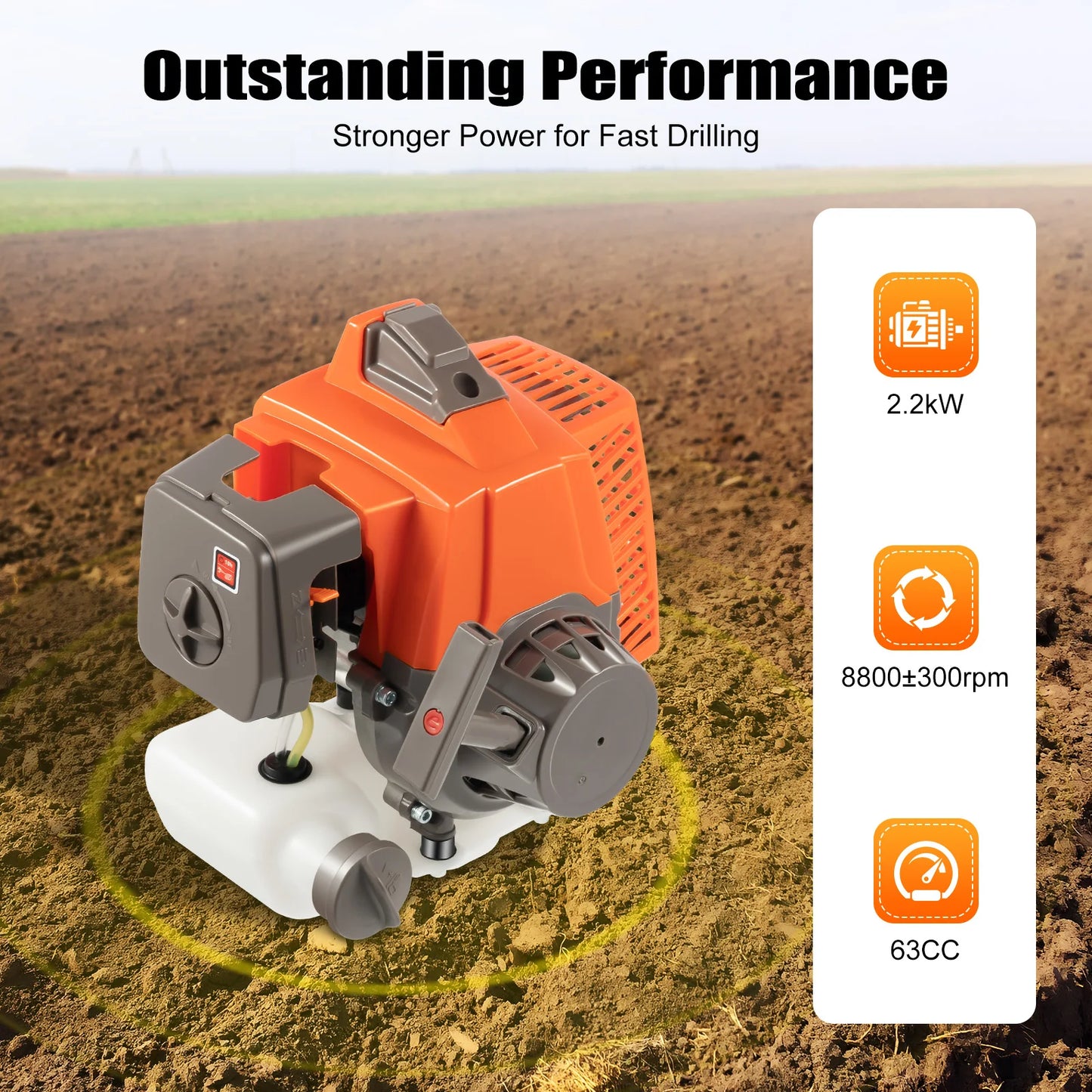 2-Stroke 63CC Post Hole Digger with Earth Auger Drill, 3HP Gas Powered Earth Auger Borer Ground Drill