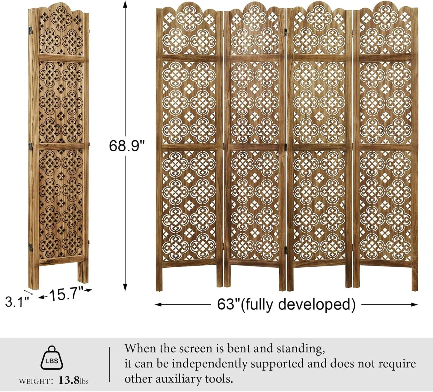 Folding Room Divider Wood Carved Privacy Screens - Ideal Decorative Partition for Home, Office, Restaurant, Bedroom