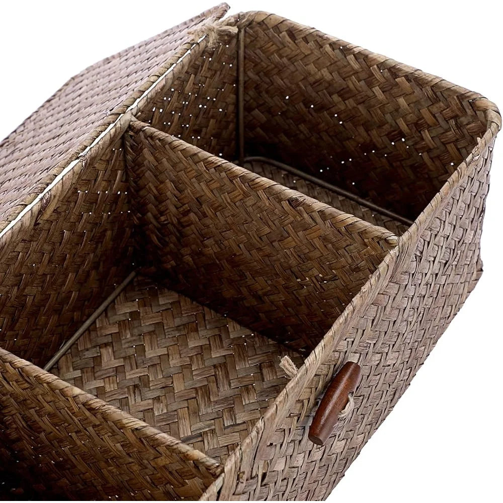 Handwoven Seagrass Storage Basket with Lid 3 Compartments Organizer Bathroom Kitchen Office Living Room Shelves Countertop