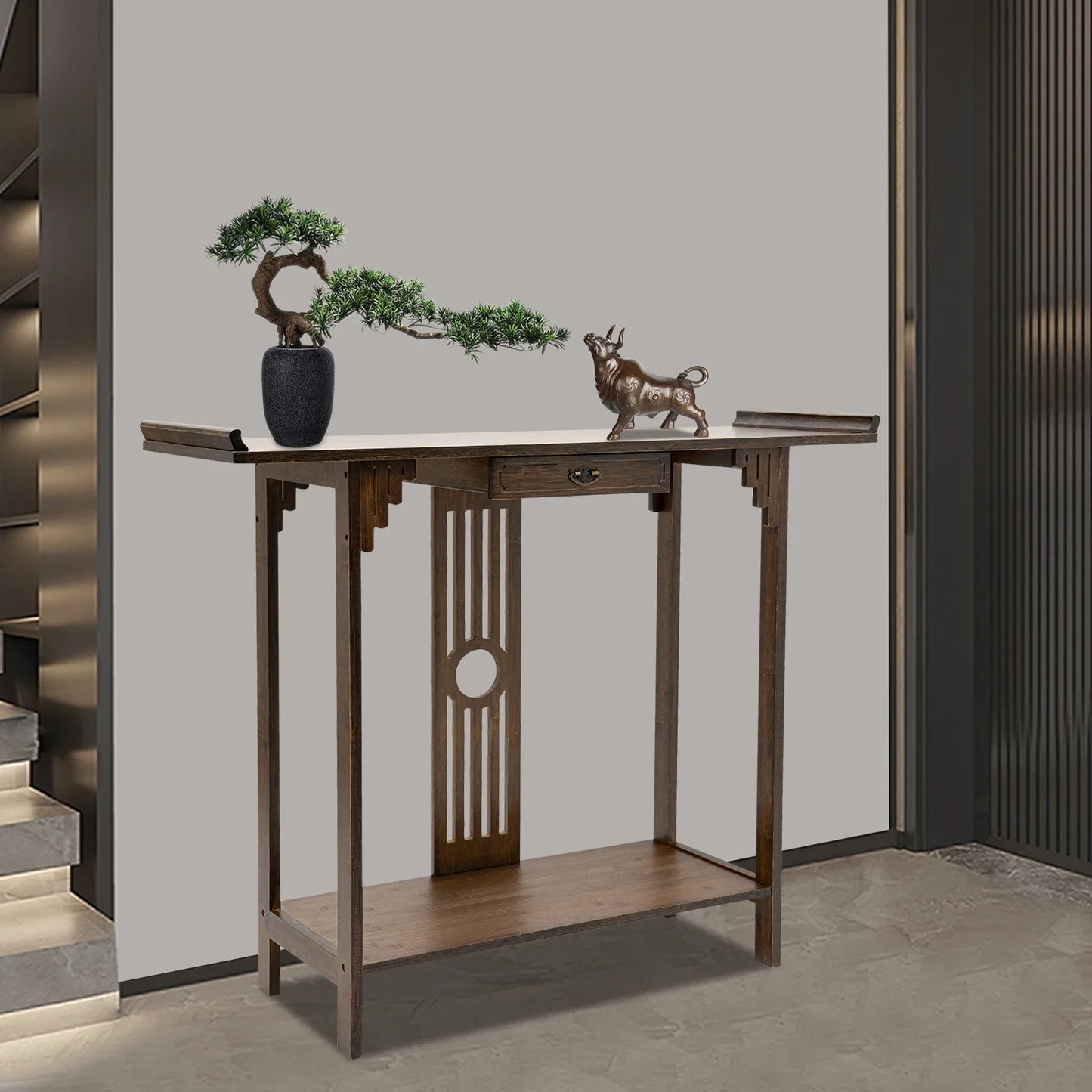 2-Layer Walnut Color Bamboo Entryway Table with Drawer & Storage Shelf, 800 Lbs Capacity Console Table for Living Room, Hallway