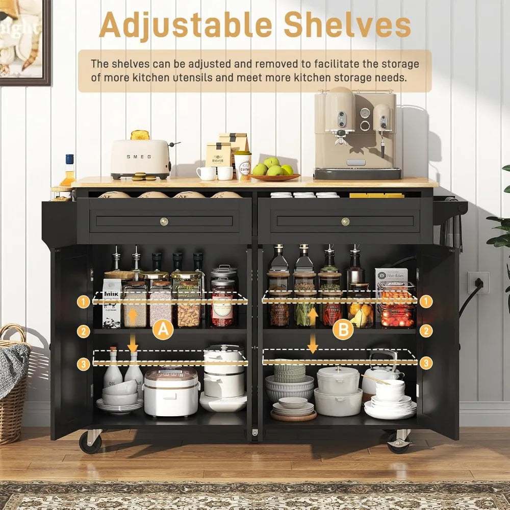 55" Movable Kitchen Island with Drop Leaf and Power Outlet, Rolling Cart with Storage Cabinet, Island Table on Wheels for Kitche