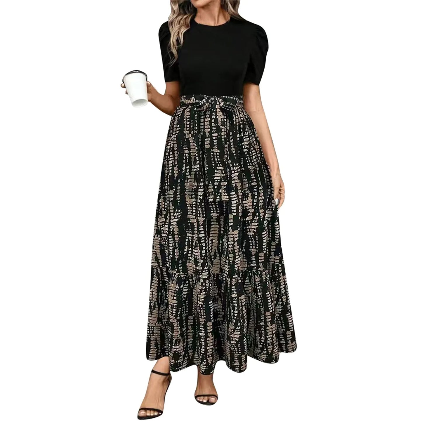 Round Neck Color Blocked Dress Women's Short Sleeved Floral Print A Line Dresses Autumn Elegant Party Dress Robe