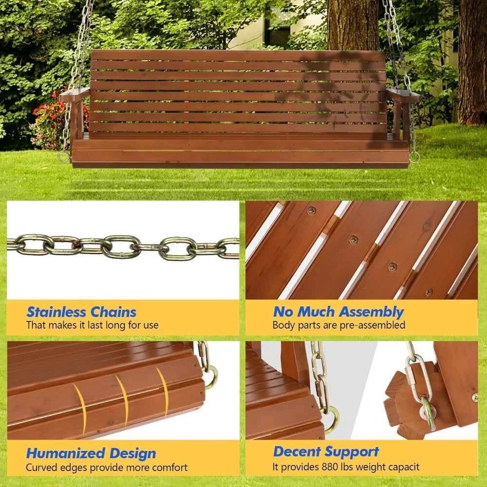Upgraded wooden porch swings for courtyards and gardens, heavy-duty 880 pound outdoor swing benches with hanging chains