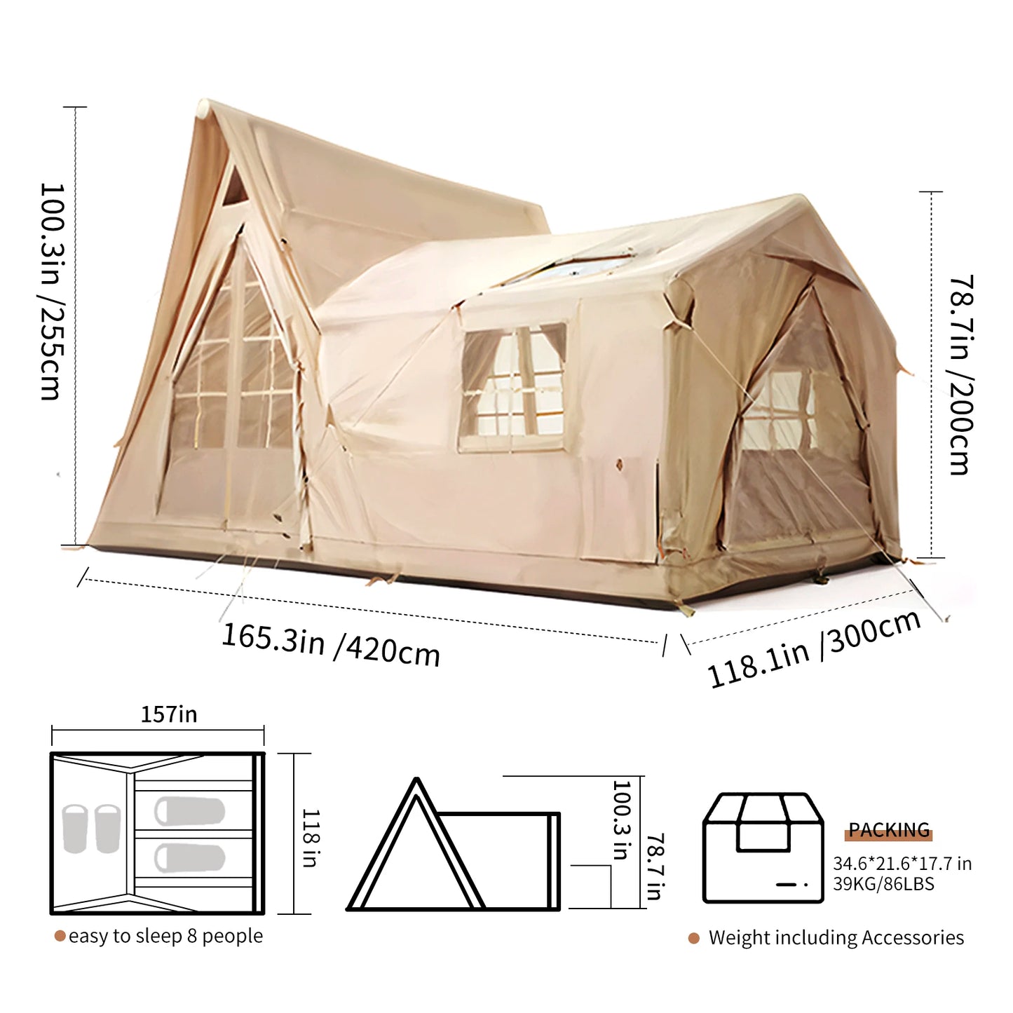Inflatable Tents for Camping, 8 Person Tent with TPU Skylight, Mesh Windows & Pump, Easy Setup 4 Season Glamping Tent