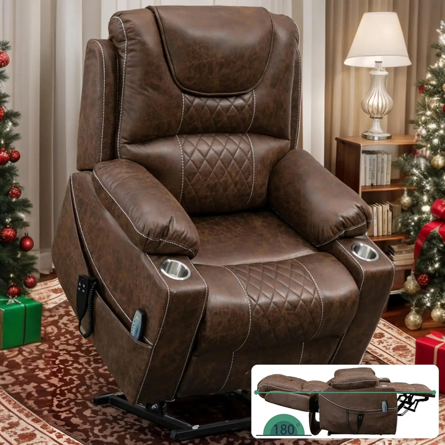 Power Lift Chair for Elderly 9968Pro, Lay Flat Recliner with Massage, Dual OKIN Motors, Remote Control, Breathable Leather,