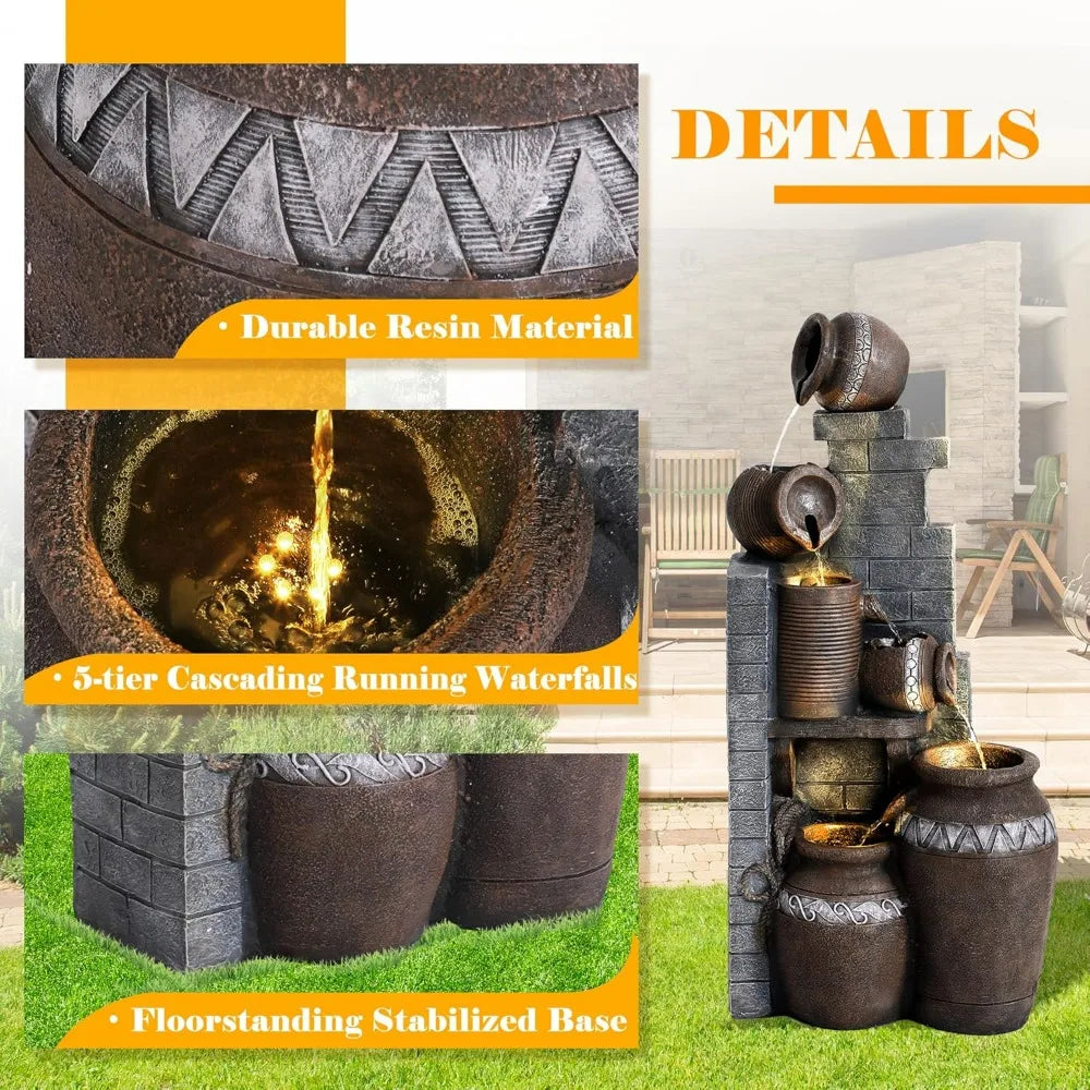 39.3" H Floor-Standing Cascading Garden Fountains, 6-Tiers Indoor/Outdoor Water Fountain with LED,Outdoor Water Fountain