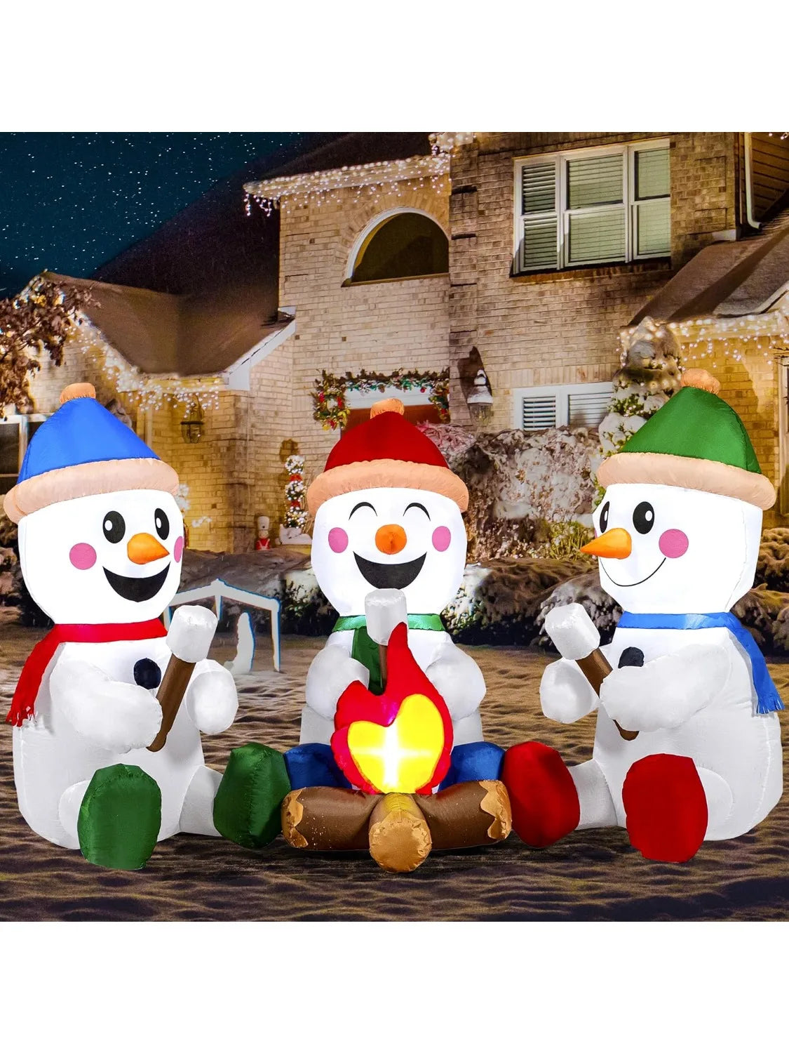 JOYFY 6 FT Long Christmas Inflatable Snowman with Campfire with Built-in LEDs for Xmas Party Christmas Blow Up Yard Decoration
