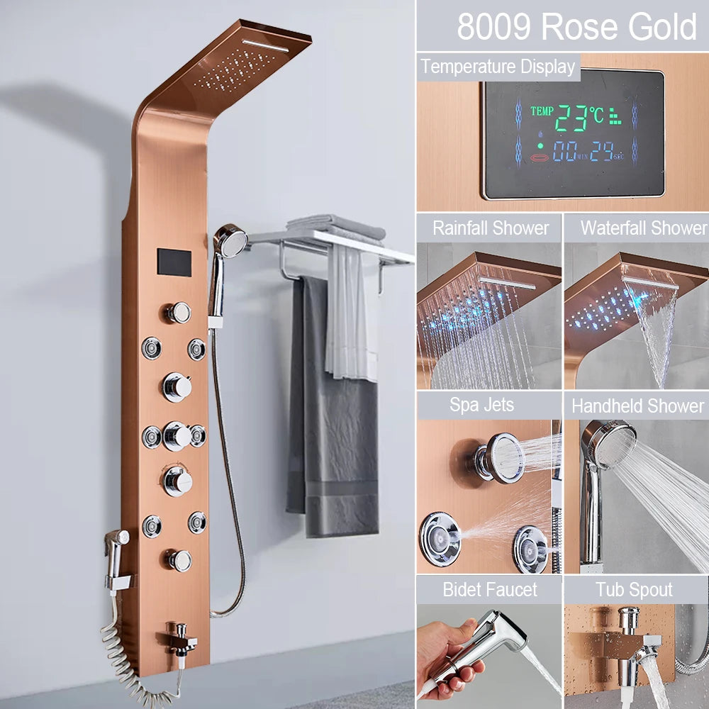 Luxury Bathroom Shower Panel Waterfall Rainfall Shower Head Hot Cold Mixer Tap Bidet Faucet with Handshower Massage Jets Spout