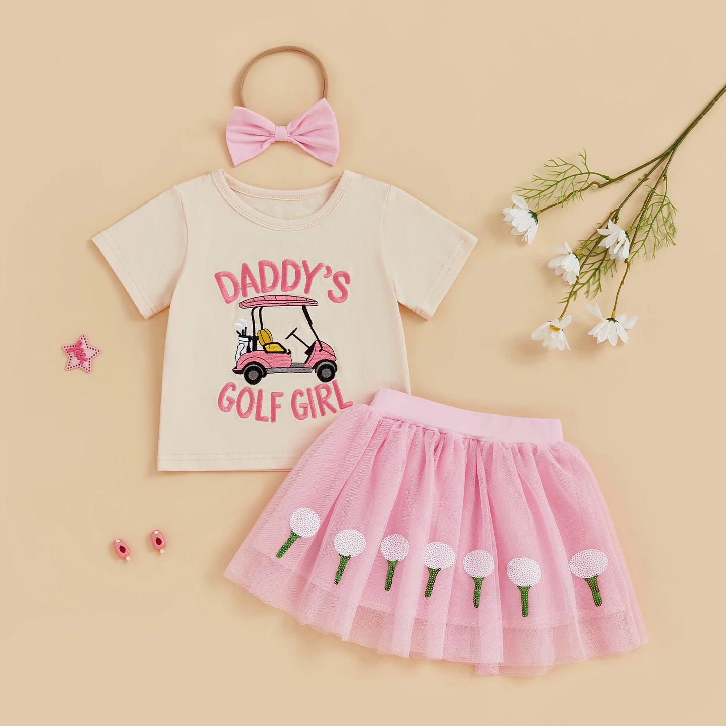 Toddler Girls Summer Sets Letter Golf Cart Embroidered Short Sleeve Round Neck Tops Golf Tulle Skirt with Headband