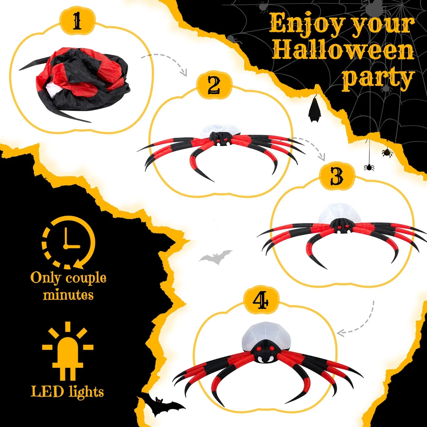 12FT Halloween Inflatables Crawling Spider Outdoor Decorations with Rotating LED