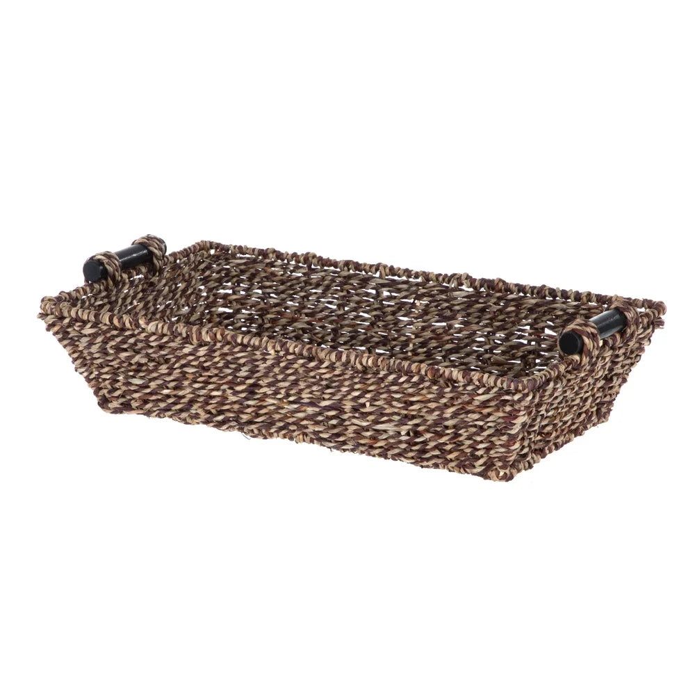 2 Pack Rectangular Woven Seagrass Storage Basket with Wooden Handles Organizing Home Décor Bathroom Supplies Craft Items