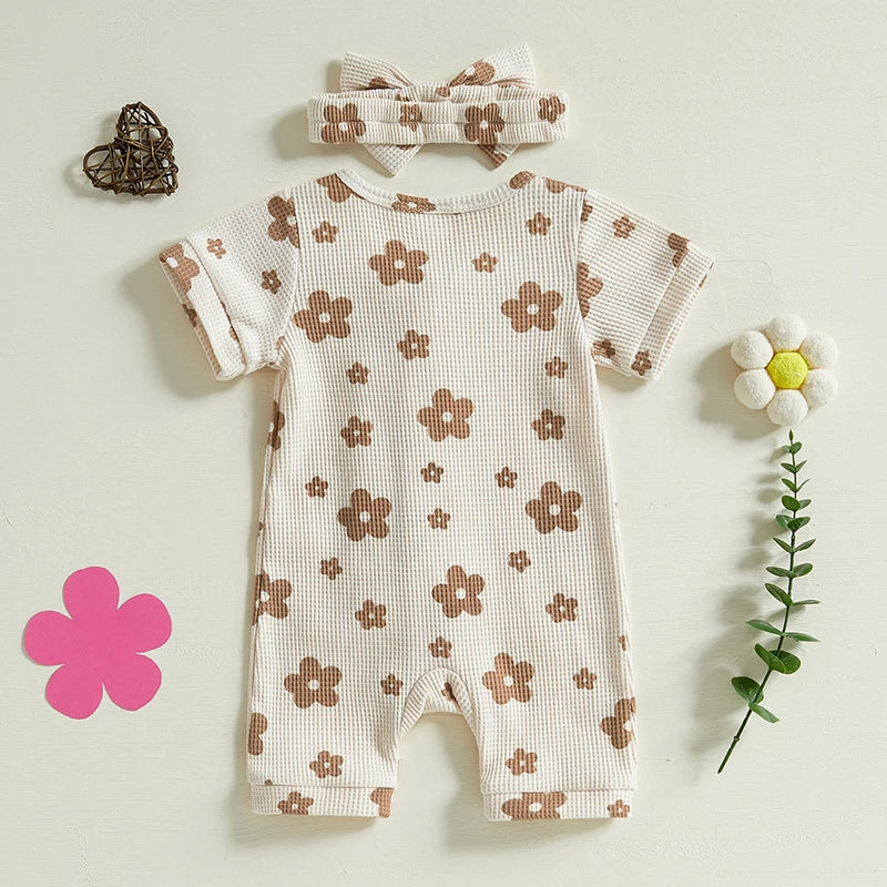 Adorable Infant Girls Floral Print Romper with Matching Headband Cute Ruffled Crew Neck Short Sleeve Outfit for Summer 2