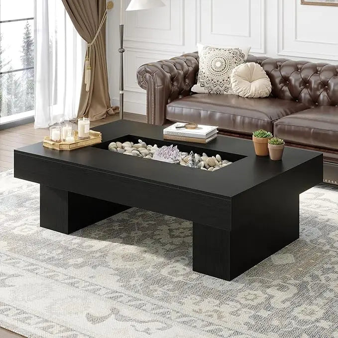 Rustic Large Wood Coffee Table with Storage LED Light Modern Farmhouse Low Wide Rectangle for Living Room Office 47 Inch