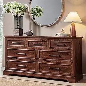 7 Drawer Dresser, Farmhouse Chest of Drawers for Bedroom, 52" Wide Kids Dresser TV Stand with Large Metal Handles, Wood Drawer O