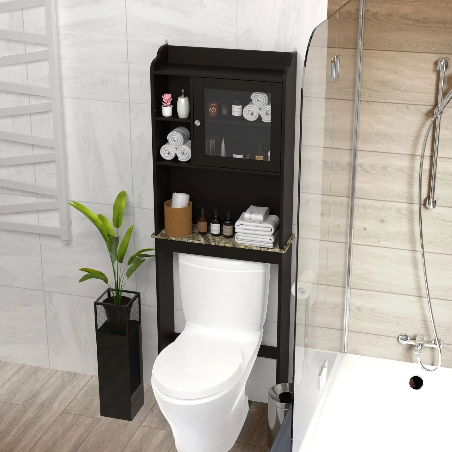 Modern Over The Toilet Space Saver Organization Wood Storage Cabinet for Home, Bathroom Shelves