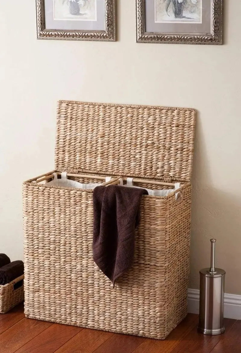 NEW Oversized Dual Hampers with Lid - Handwoven Natural Seagrass Fiber Compartment Laundry Hamper Split/Two Side Basket