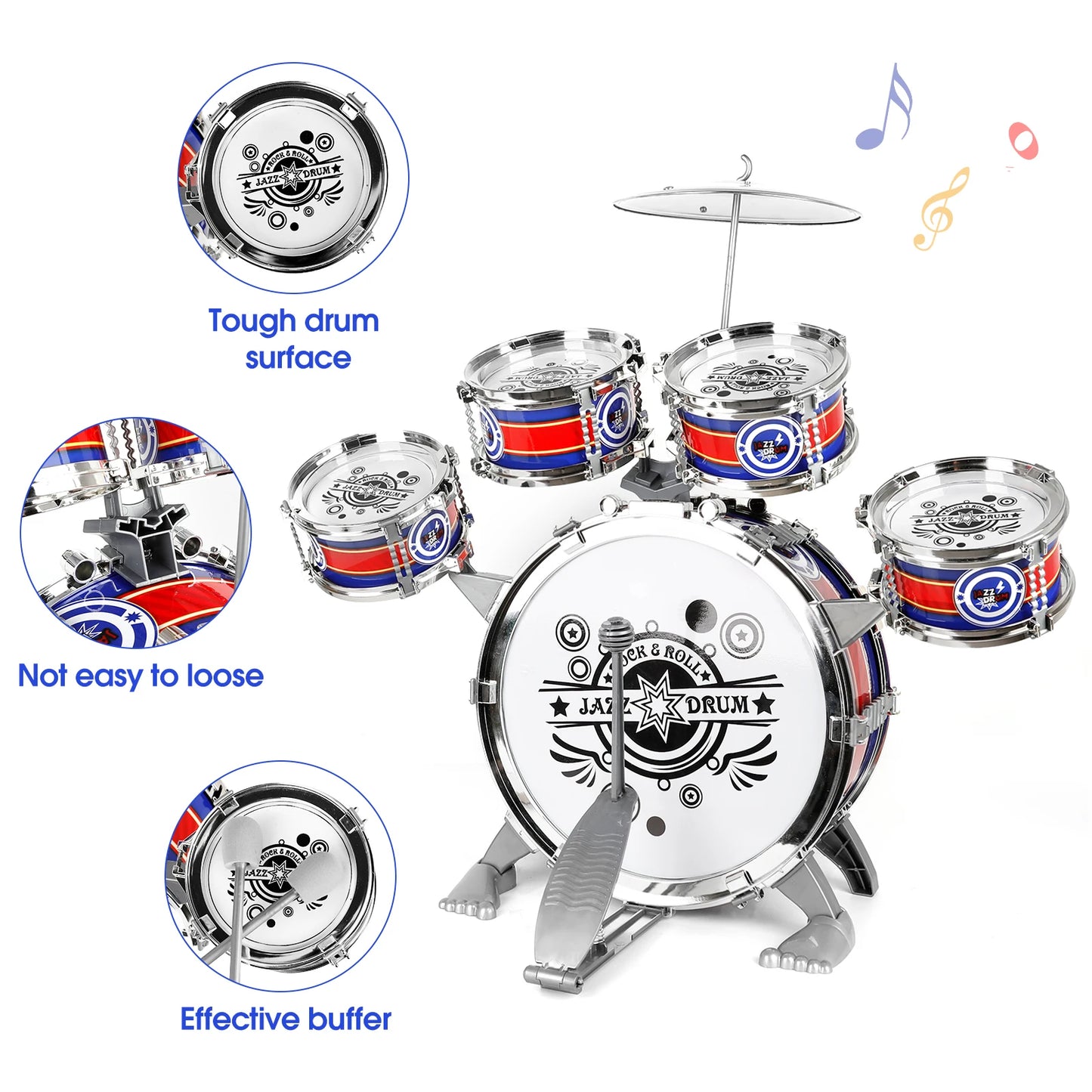 Jazz Drum Set Mini Drum Toys 6 Drums with Stool Musical Instruments Toy Birthday Gift no with LED Light for Beginners Boys Girls